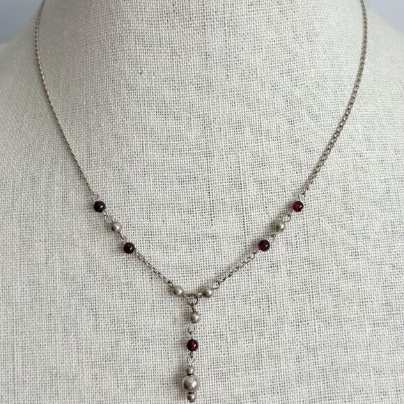 Sterling Silver And Garnet Beaded Y Drop Dainty Necklace Minimalist Classic Y2K - Picture 9 of 10